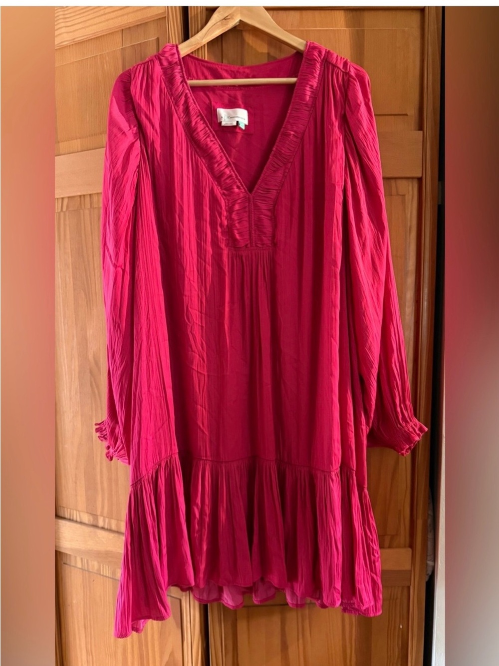 Anthropologie Fuchsia Long-Sleeve V-Neck Tunic Dress